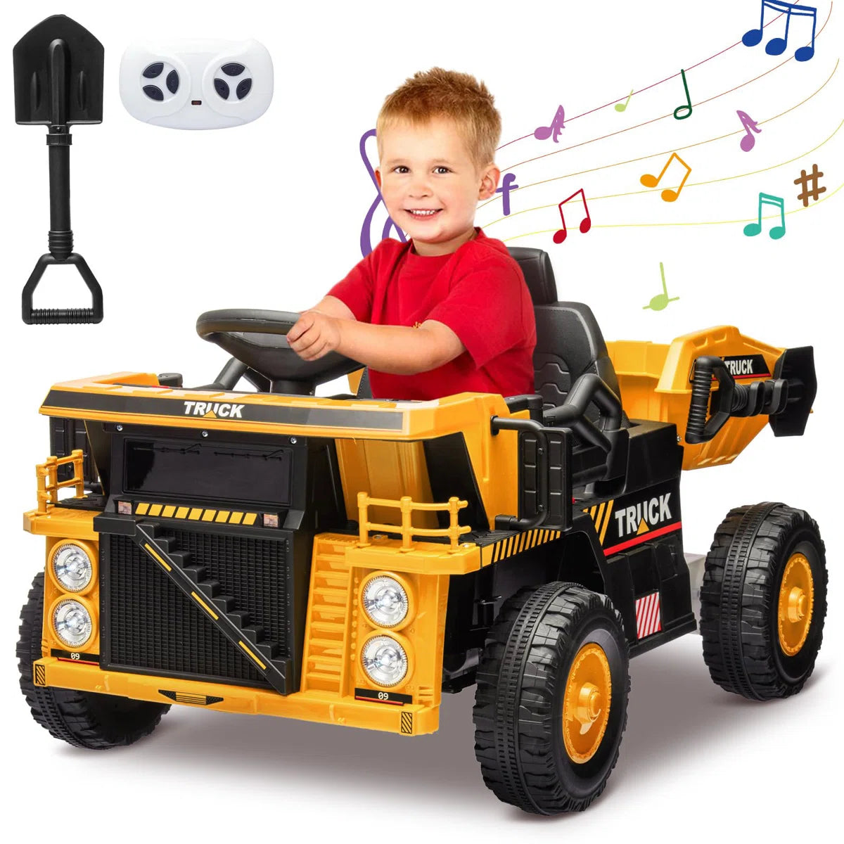 LumiParty - Ride On Dump Truck Ride On Car Toy,12V Ride On Construction Vehicle with Remote Control, Electric Dump Bed, Shovel, Music Player, High and Low Speed and Four-Wheel Shock Absorption