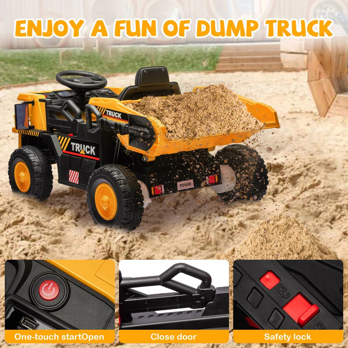 LumiParty - Ride On Dump Truck Ride On Car Toy,12V Ride On Construction Vehicle with Remote Control, Electric Dump Bed, Shovel, Music Player, High and Low Speed and Four-Wheel Shock Absorption