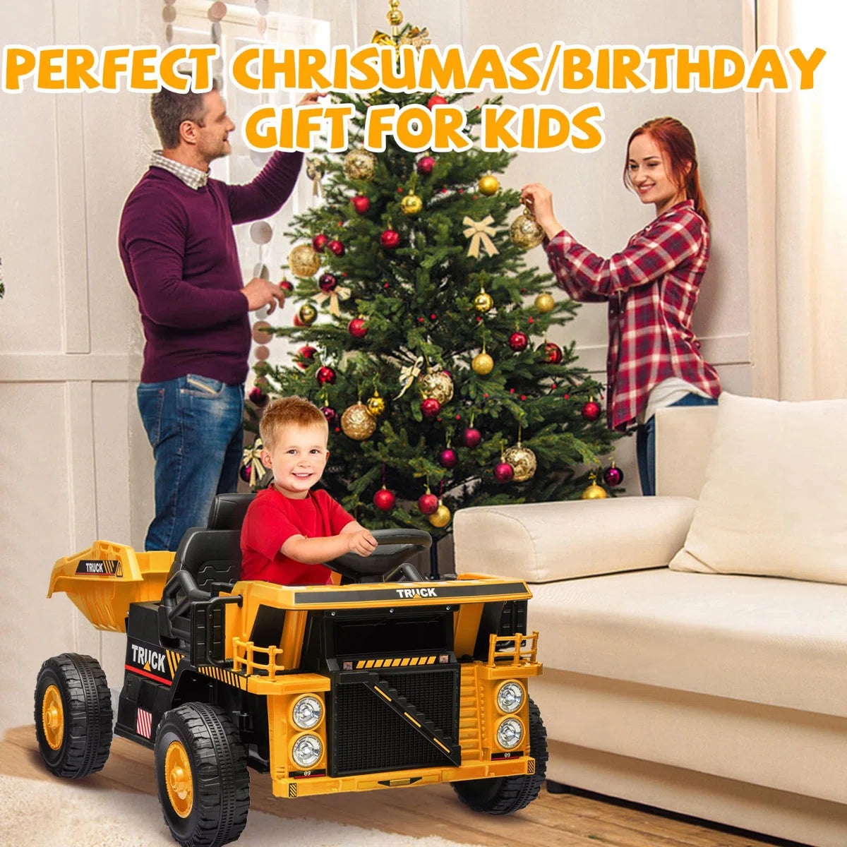 LumiParty - Ride On Dump Truck Ride On Car Toy,12V Ride On Construction Vehicle with Remote Control, Electric Dump Bed, Shovel, Music Player, High and Low Speed and Four-Wheel Shock Absorption
