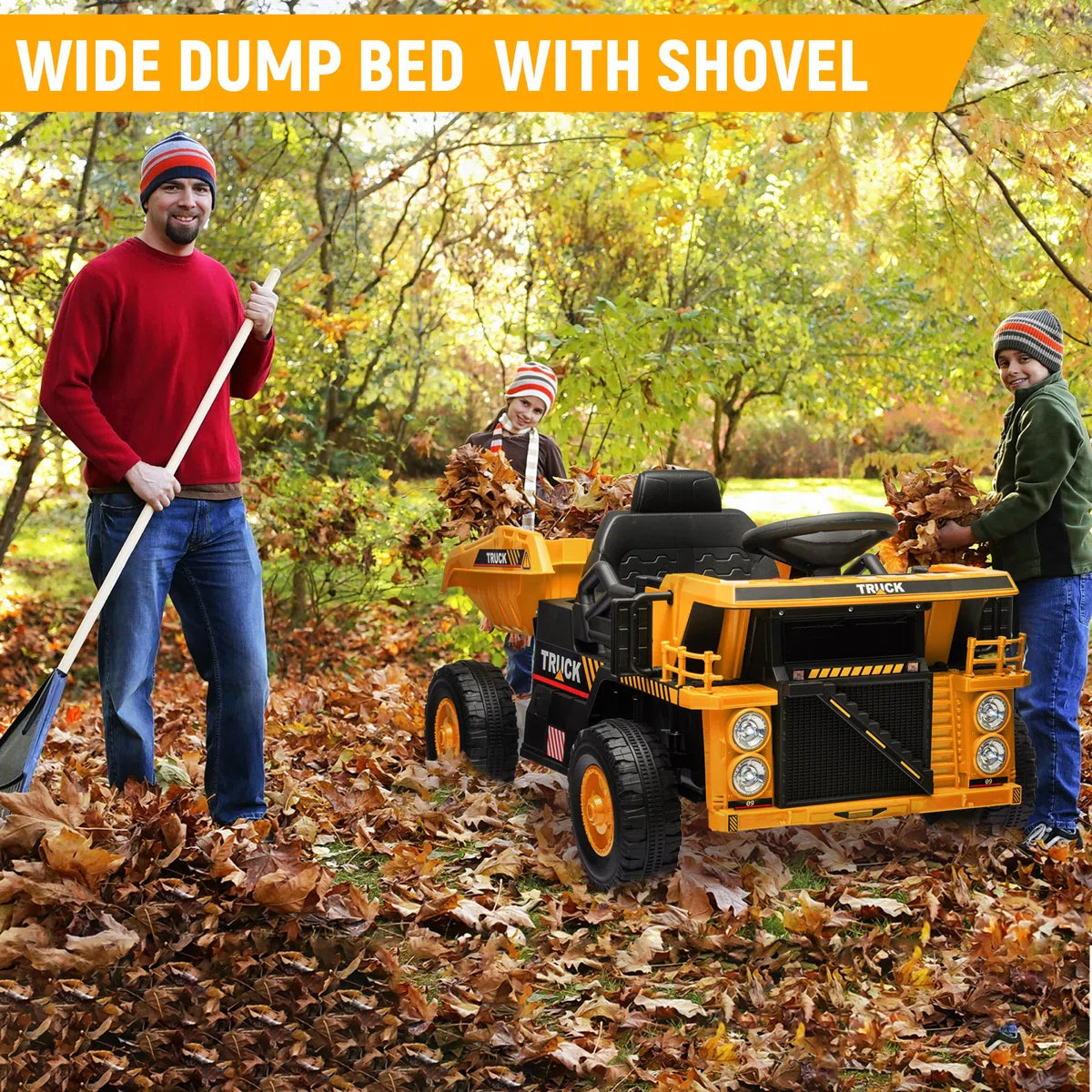 LumiParty - Ride On Dump Truck Ride On Car Toy,12V Ride On Construction Vehicle with Remote Control, Electric Dump Bed, Shovel, Music Player, High and Low Speed and Four-Wheel Shock Absorption
