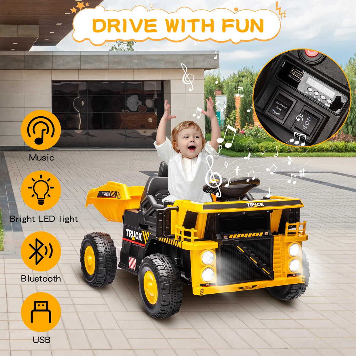 LumiParty - Ride On Dump Truck Ride On Car Toy,12V Ride On Construction Vehicle with Remote Control, Electric Dump Bed, Shovel, Music Player, High and Low Speed and Four-Wheel Shock Absorption