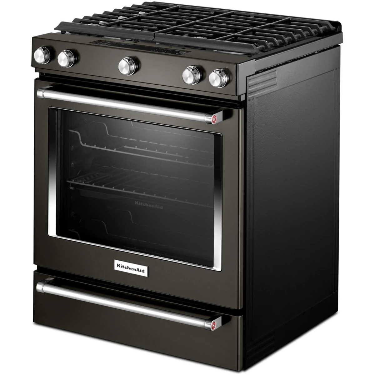 KitchenAid - KSGG700EBS - 30 Inch Slide-In Gas Range with 5 Sealed Burners, 5.8 cu ft. Even-Heat™ True Convection Oven, 17,000 BTU Burner, Storage Drawer, Steam Rack, AquaLift® Steam Clean, ADA Compliant and Sabbath Mode