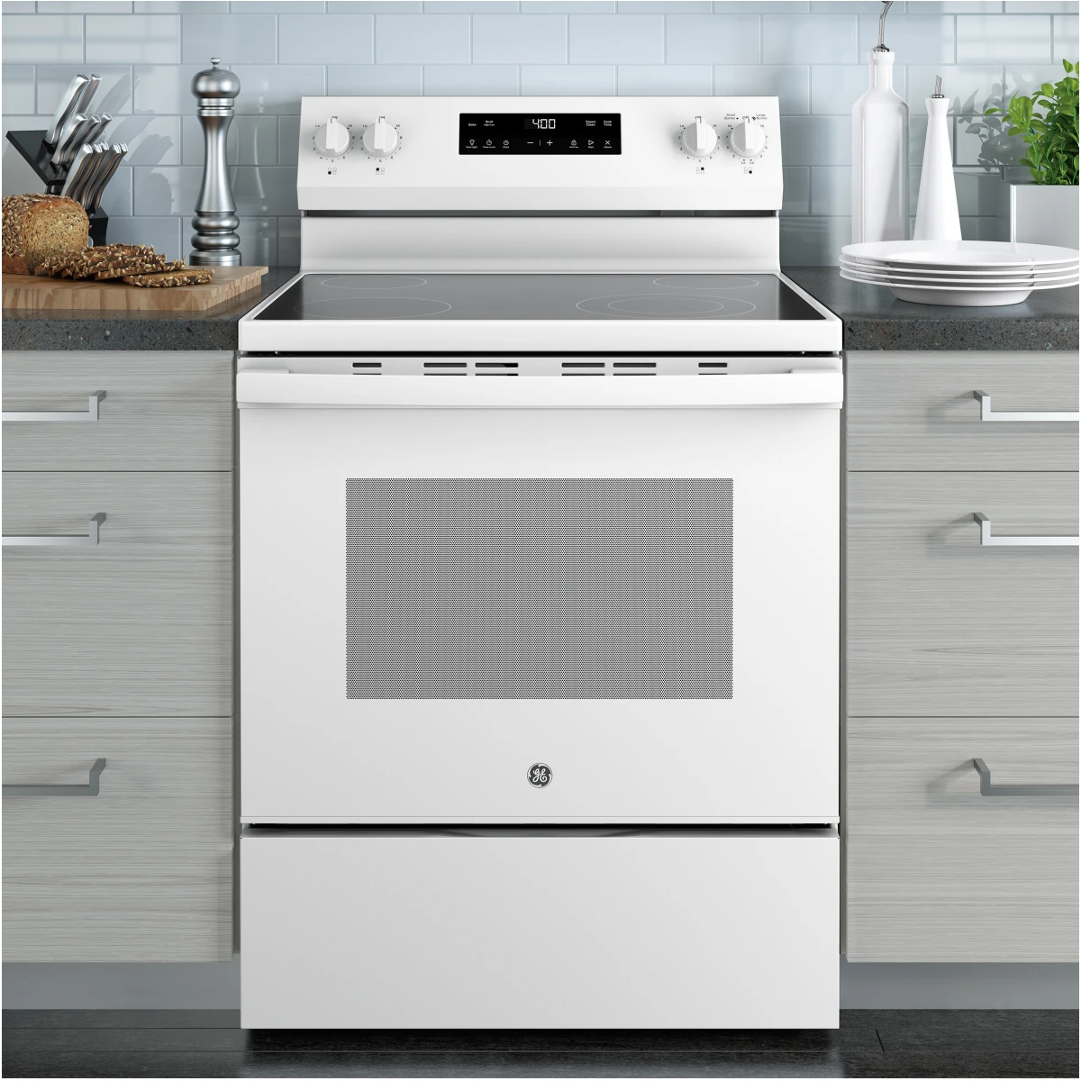GE - GRF400SVWW - 400 Series 30 Inch Freestanding Electric Range with 4 Smoothtop Elements, 5.3 cu. ft. Oven Capacity, Power Boil™ Burner, Storage Drawer, Enhanced Shabbos Mode Built In, and Steam Clean: White