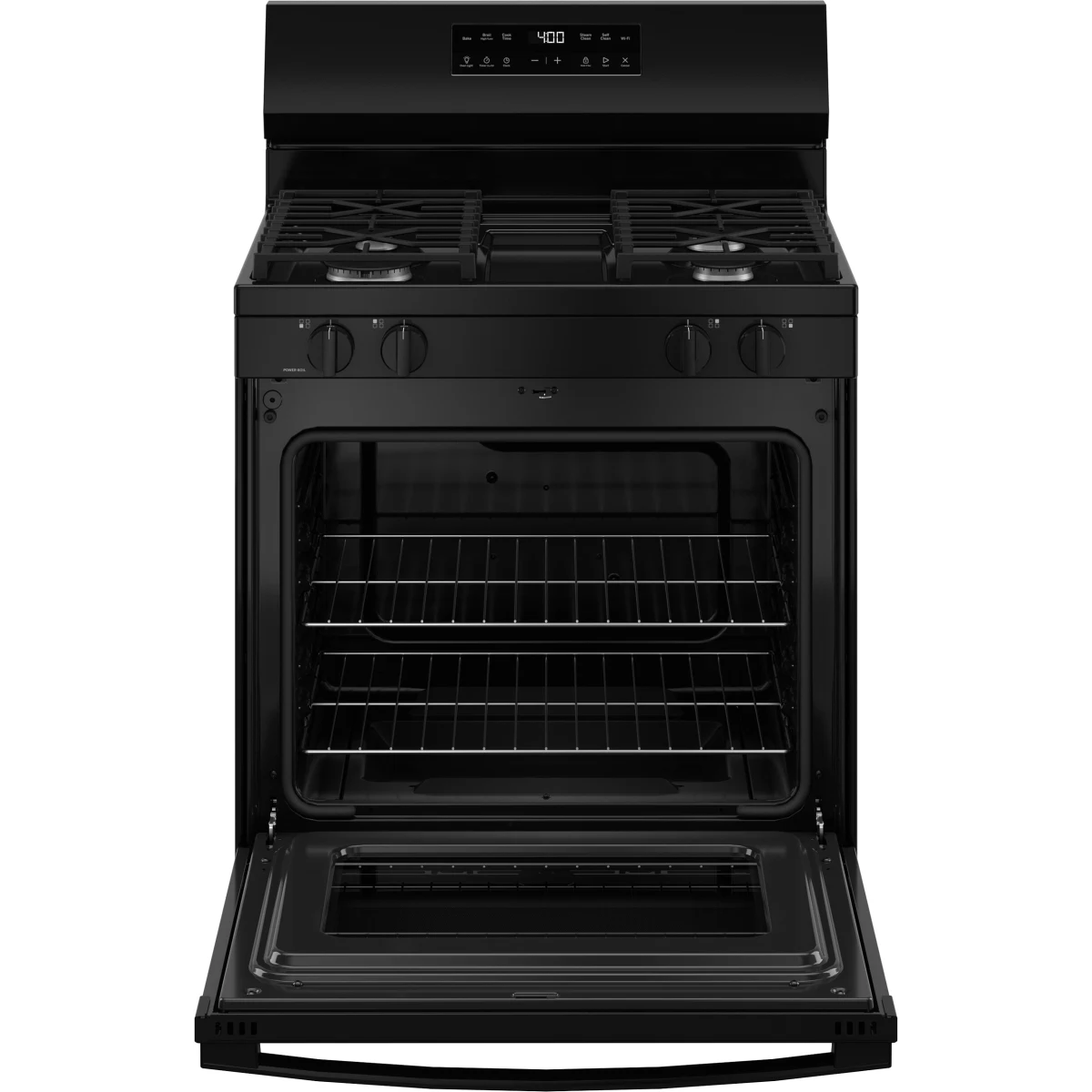 GE - GGF400PVBB - 400 Series 30 Inch Freestanding Gas Smart Range with 4 Sealed Burners, 5.3 cu. ft. Oven Capacity, Power Boil™ Burner, Storage Drawer, SmartHQ™, Enhance Shabbos Mode Built In, and Self & Steam Clean: Black