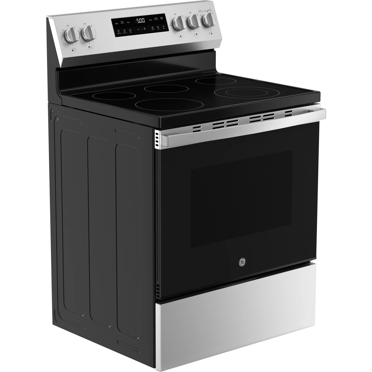 GE - 500 - Series  GRF500PVSS 30 Inch Freestanding Electric Range with 5 Smoothtop Elements, 5.3 cu. ft. Oven Capacity, Power Boil™ Burner, Warming Zone, Storage Drawer, Crisp Mode, Enhanced Shabbos Mode Built In, and Self & Steam Clean: Stainless Steel