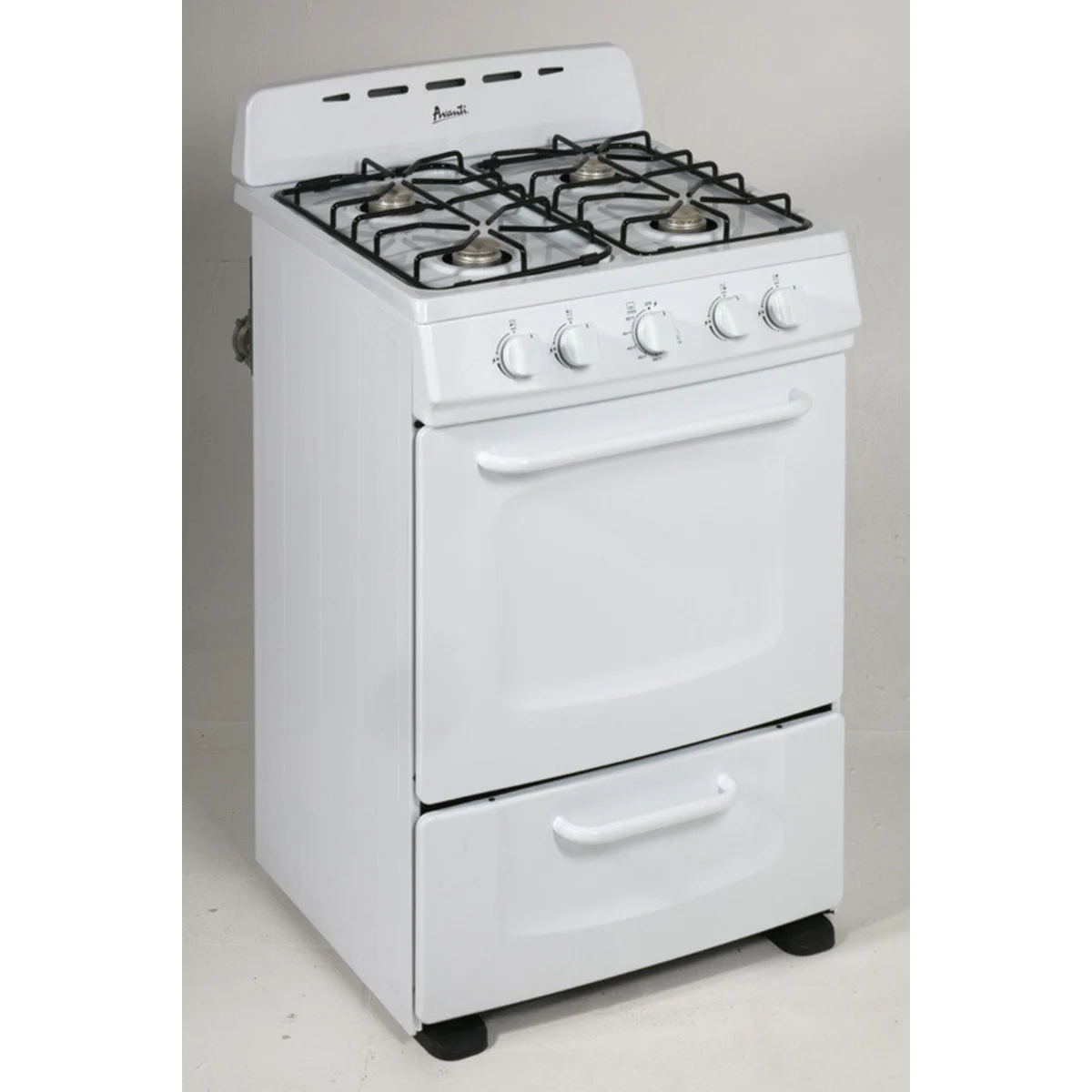 Avanti - GRO24P0W - 24 Inch Freestanding Gas Range with 2.5 cu. ft. Capacity, 4 Open Burners, Push and Turn Controls, Broiler Drawer and Backsplash