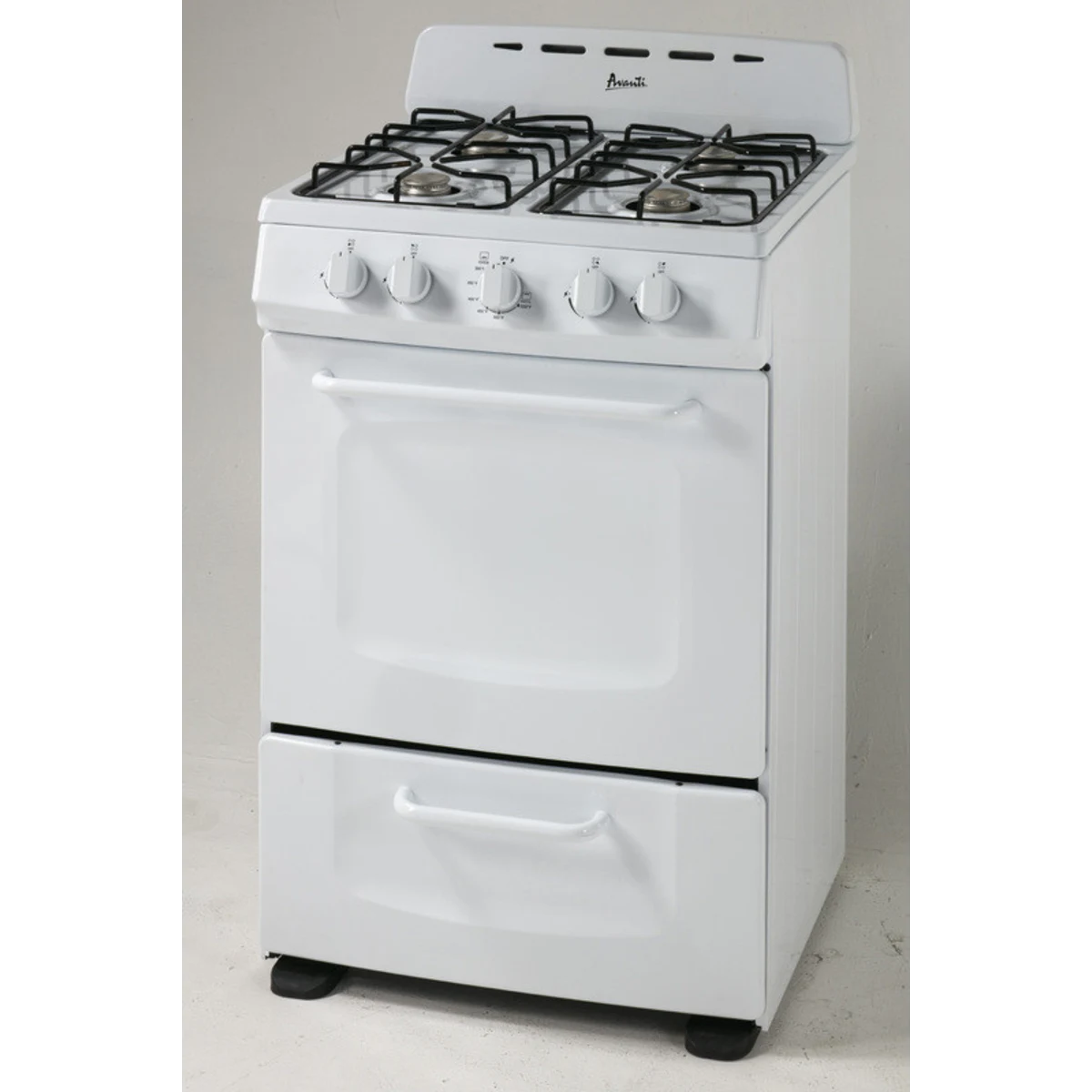 Avanti - GRO24P0W - 24 Inch Freestanding Gas Range with 2.5 cu. ft. Capacity, 4 Open Burners, Push and Turn Controls, Broiler Drawer and Backsplash