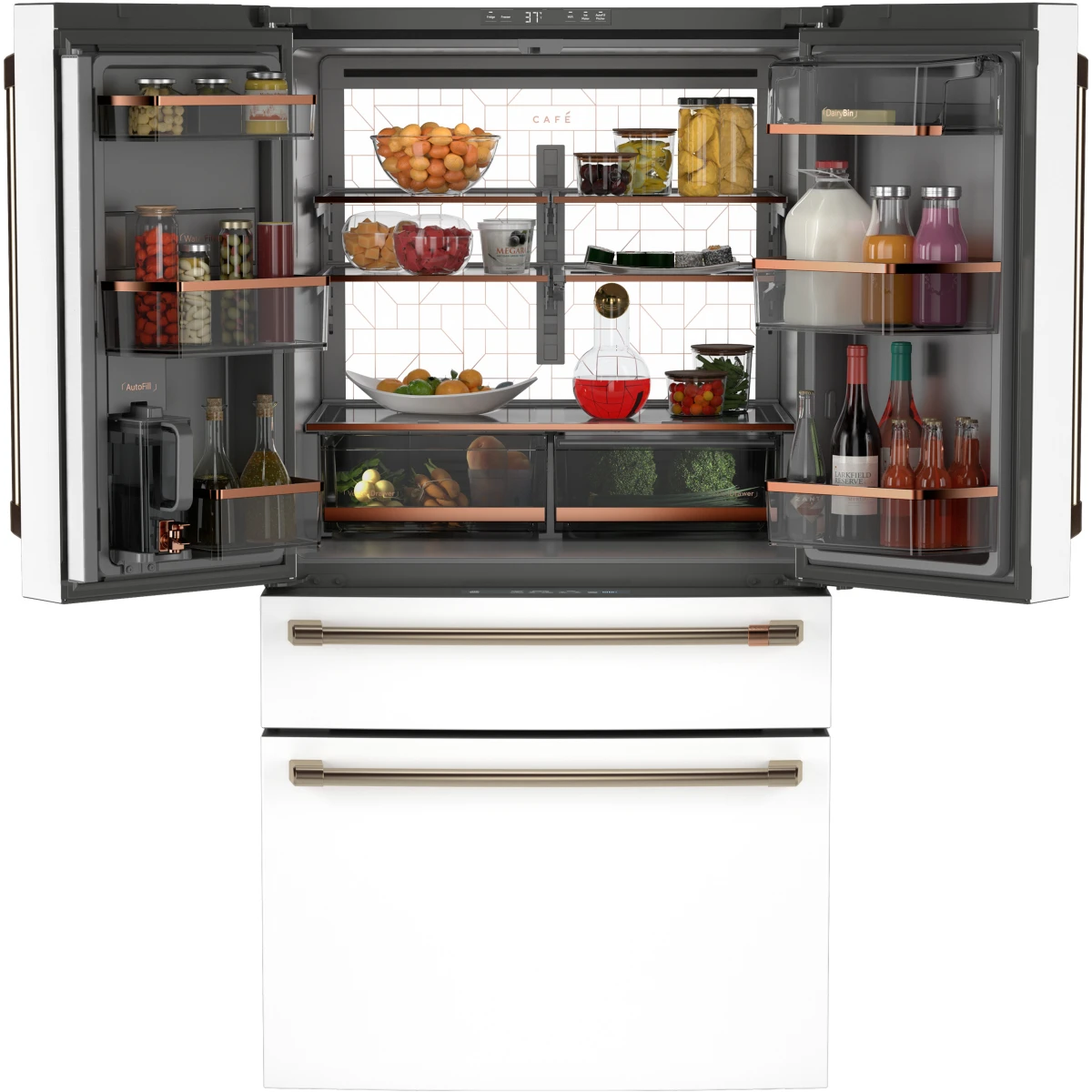 Cafe - CJE23DP4WW2 - 36 Inch Freestanding Counter-Depth 4-Door French Door Smart Refrigerator with 23.2 cu. ft. Total Capacity, and Dual-Dispense AutoFill Pitcher: Matte White with Brushed Bronze Handles