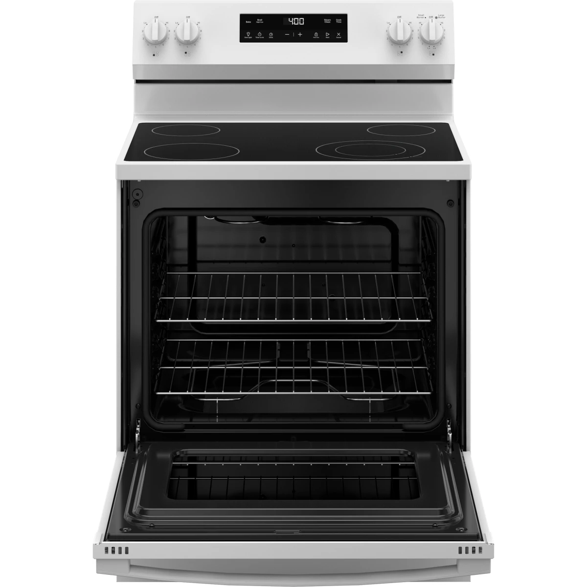 GE - GRF400SVWW - 400 Series 30 Inch Freestanding Electric Range with 4 Smoothtop Elements, 5.3 cu. ft. Oven Capacity, Power Boil™ Burner, Storage Drawer, Enhanced Shabbos Mode Built In, and Steam Clean: White