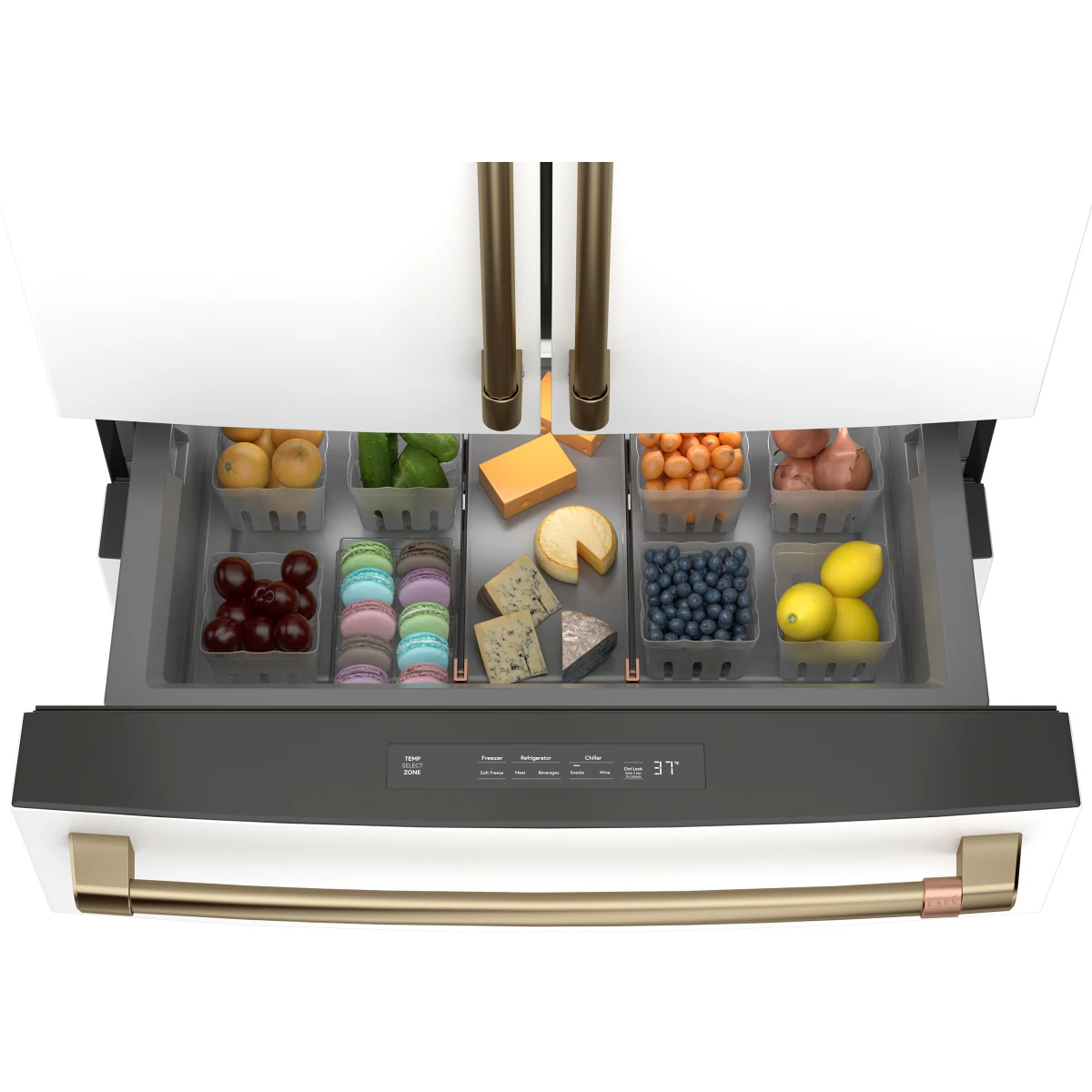 Cafe - CJE23DP4WW2 - 36 Inch Freestanding Counter-Depth 4-Door French Door Smart Refrigerator with 23.2 cu. ft. Total Capacity, and Dual-Dispense AutoFill Pitcher: Matte White with Brushed Bronze Handles