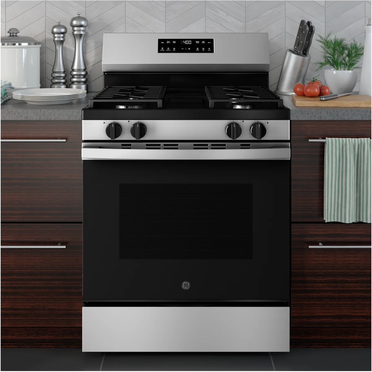 GE - GGF400PVSS - 400 Series 30 Inch Freestanding Gas Smart Range with 4 Sealed Burners, 5.3 cu. ft. Oven Capacity, Power Boil™ Burner, Storage Drawer, SmartHQ™, Enhance Shabbos Mode Built In, and Self & Steam Clean: Stainless Steel