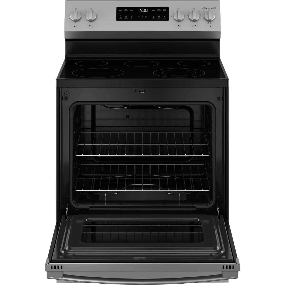 GE - 500 - Series  GRF500PVSS 30 Inch Freestanding Electric Range with 5 Smoothtop Elements, 5.3 cu. ft. Oven Capacity, Power Boil™ Burner, Warming Zone, Storage Drawer, Crisp Mode, Enhanced Shabbos Mode Built In, and Self & Steam Clean: Stainless Steel