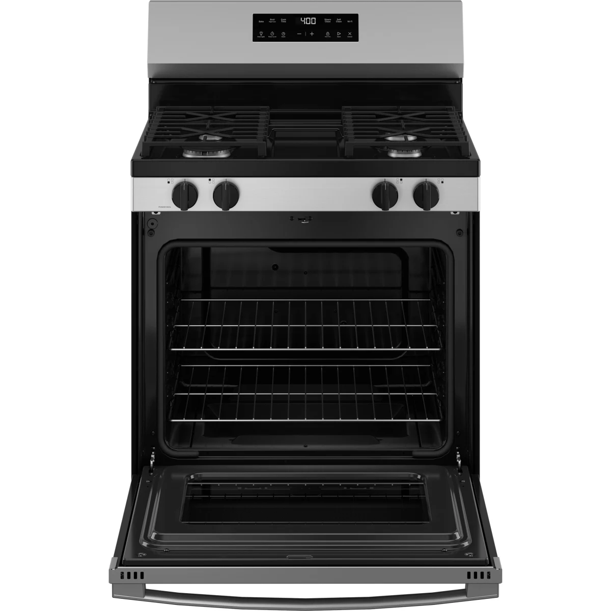 GE - GGF400PVSS - 400 Series 30 Inch Freestanding Gas Smart Range with 4 Sealed Burners, 5.3 cu. ft. Oven Capacity, Power Boil™ Burner, Storage Drawer, SmartHQ™, Enhance Shabbos Mode Built In, and Self & Steam Clean: Stainless Steel