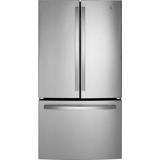 GE - GWE22JYMFS - 36 Inch Counter-Depth French Door Refrigerator with 21.9 Cu. Ft. Capacity, Spill Proof Glass Shelves, Deli Drawer, Humidity-Controlled Crispers, Door Alarm, Internal Water Dispenser, Enhanced Shabbos Mode