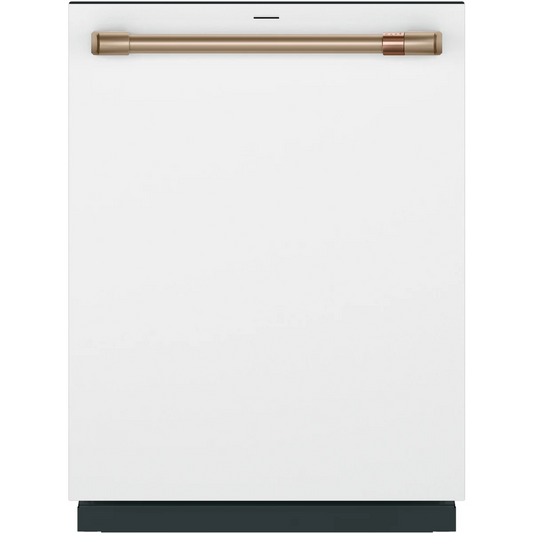 Cafe - CDT858P4VW2 - 24 Inch Fully Integrated Built-In Smart Dishwasher with 16 Place Setting Capacity, 6 Wash Cycles, 44 dBA Noise Level, and Ultra Wash: Matte White with Brushed Bronze Handles