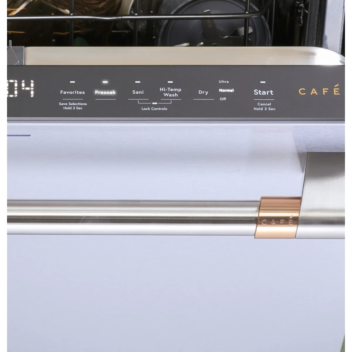 Cafe - CDT858P4VW2 - 24 Inch Fully Integrated Built-In Smart Dishwasher with 16 Place Setting Capacity, 6 Wash Cycles, 44 dBA Noise Level, and Ultra Wash: Matte White with Brushed Bronze Handles
