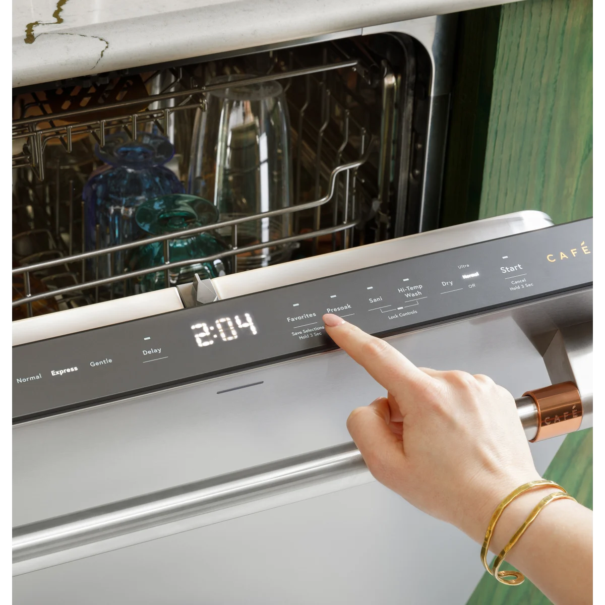 Cafe - CDT858P4VW2 - 24 Inch Fully Integrated Built-In Smart Dishwasher with 16 Place Setting Capacity, 6 Wash Cycles, 44 dBA Noise Level, and Ultra Wash: Matte White with Brushed Bronze Handles
