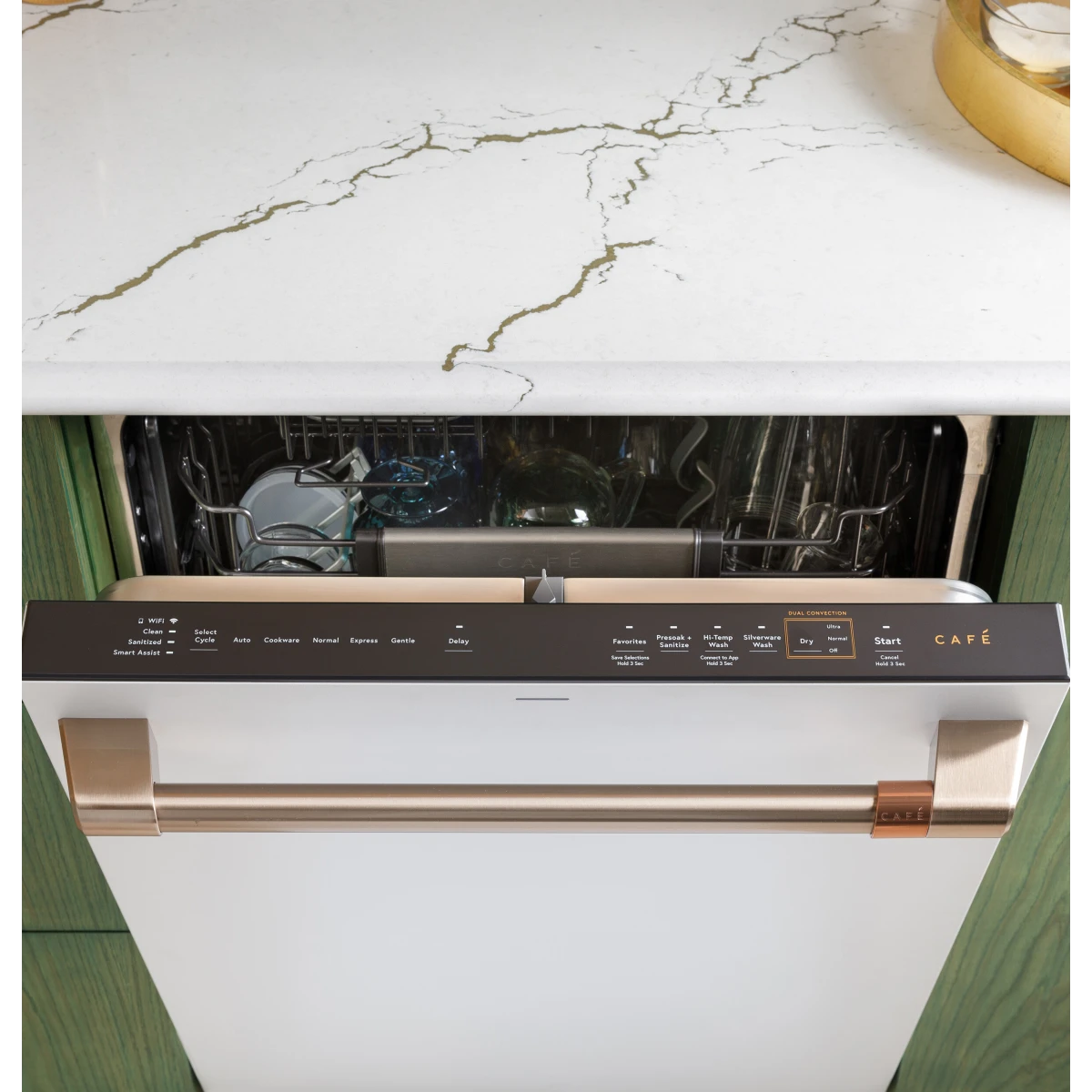 Cafe - CDT858P4VW2 - 24 Inch Fully Integrated Built-In Smart Dishwasher with 16 Place Setting Capacity, 6 Wash Cycles, 44 dBA Noise Level, and Ultra Wash: Matte White with Brushed Bronze Handles