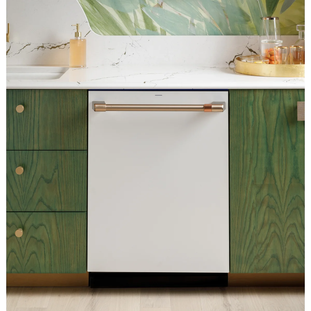Cafe - CDT858P4VW2 - 24 Inch Fully Integrated Built-In Smart Dishwasher with 16 Place Setting Capacity, 6 Wash Cycles, 44 dBA Noise Level, and Ultra Wash: Matte White with Brushed Bronze Handles