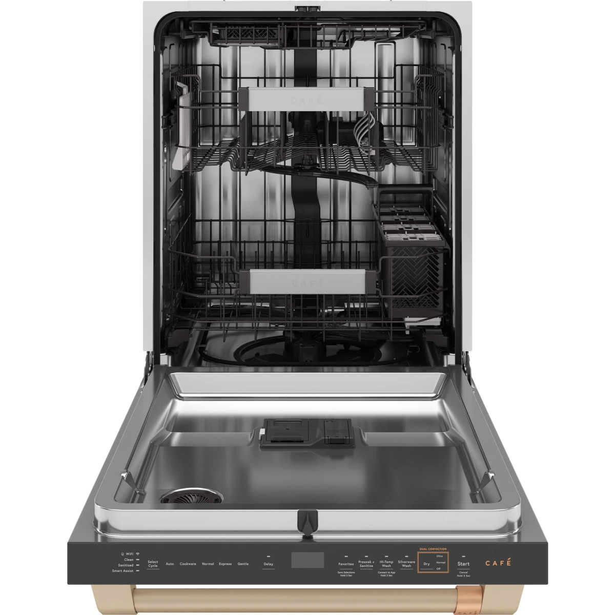 Cafe - CDT858P4VW2 - 24 Inch Fully Integrated Built-In Smart Dishwasher with 16 Place Setting Capacity, 6 Wash Cycles, 44 dBA Noise Level, and Ultra Wash: Matte White with Brushed Bronze Handles
