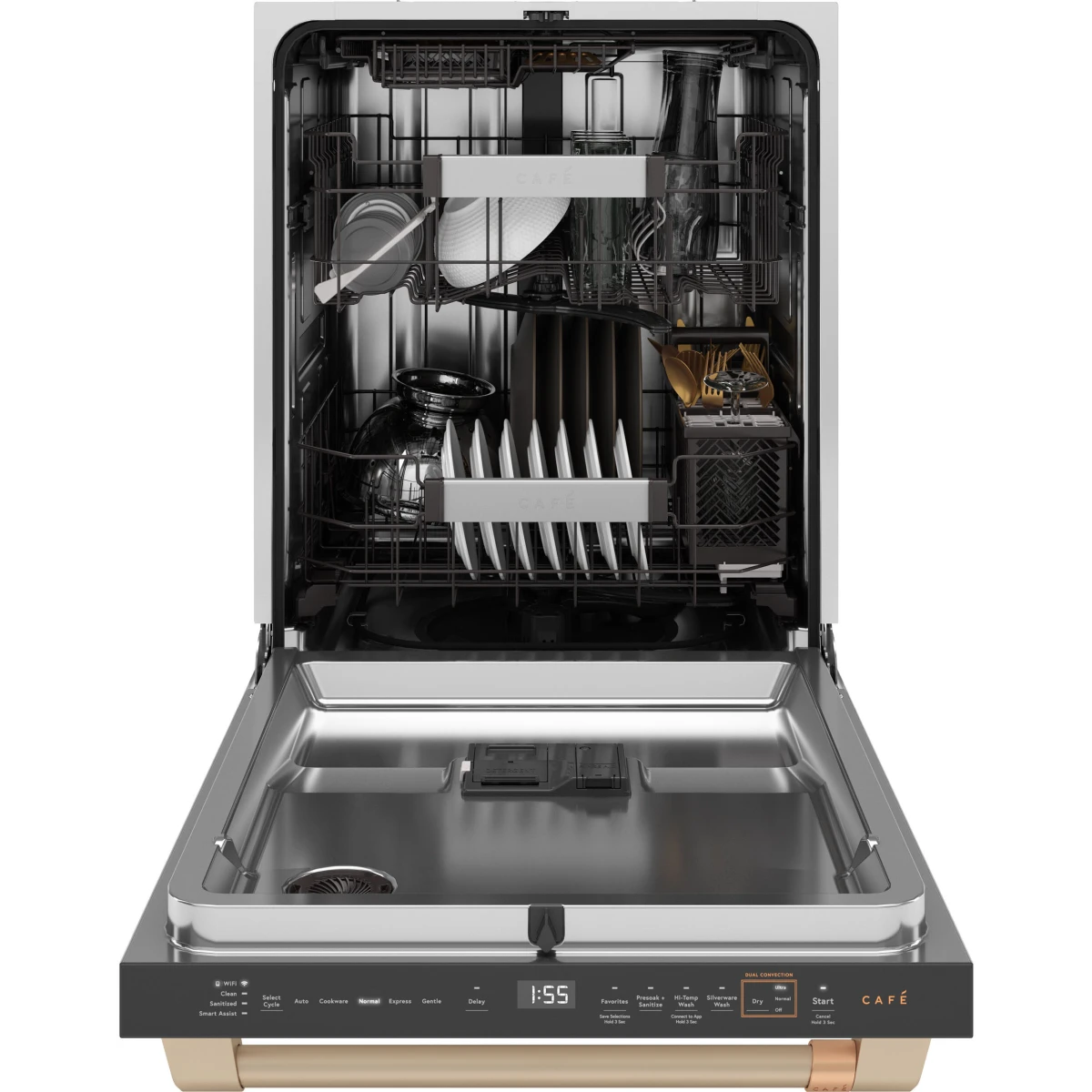 Cafe - CDT858P4VW2 - 24 Inch Fully Integrated Built-In Smart Dishwasher with 16 Place Setting Capacity, 6 Wash Cycles, 44 dBA Noise Level, and Ultra Wash: Matte White with Brushed Bronze Handles