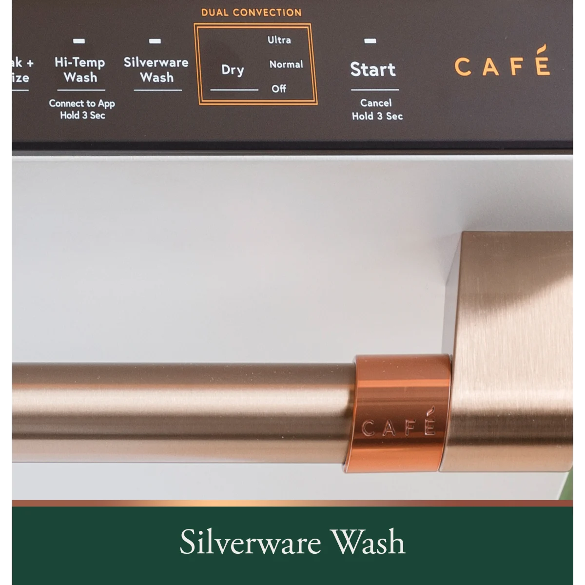 Cafe - CDT858P4VW2 - 24 Inch Fully Integrated Built-In Smart Dishwasher with 16 Place Setting Capacity, 6 Wash Cycles, 44 dBA Noise Level, and Ultra Wash: Matte White with Brushed Bronze Handles