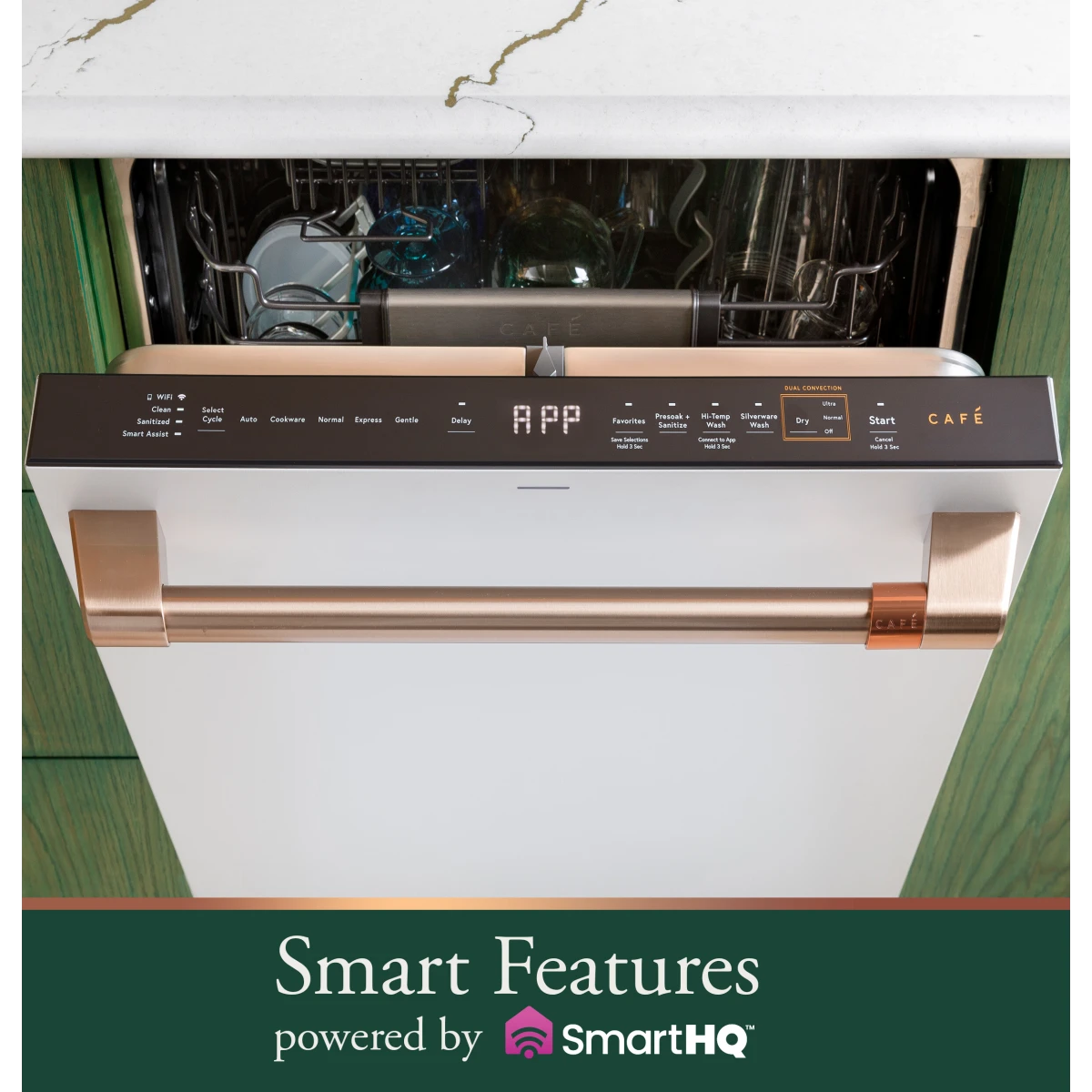 Cafe - CDT858P4VW2 - 24 Inch Fully Integrated Built-In Smart Dishwasher with 16 Place Setting Capacity, 6 Wash Cycles, 44 dBA Noise Level, and Ultra Wash: Matte White with Brushed Bronze Handles