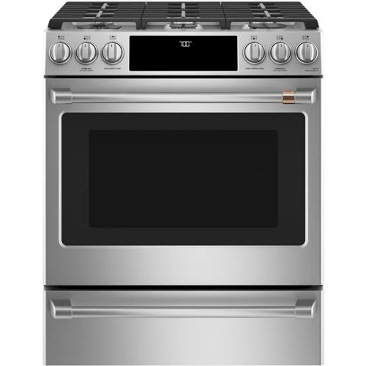 Cafe - CGS700P2MS1 - 30 Inch Slide-In Gas Smart Range with 6 Sealed Burners, 5.6 Cu. Ft. Oven Capacity, Storage Drawer, Continuous Grates, Self-Clean, Steam Clean Option, Air Fry, Chef Connect, 21K Triple Ring Burner, Enhanced Shabbos Mode Capable