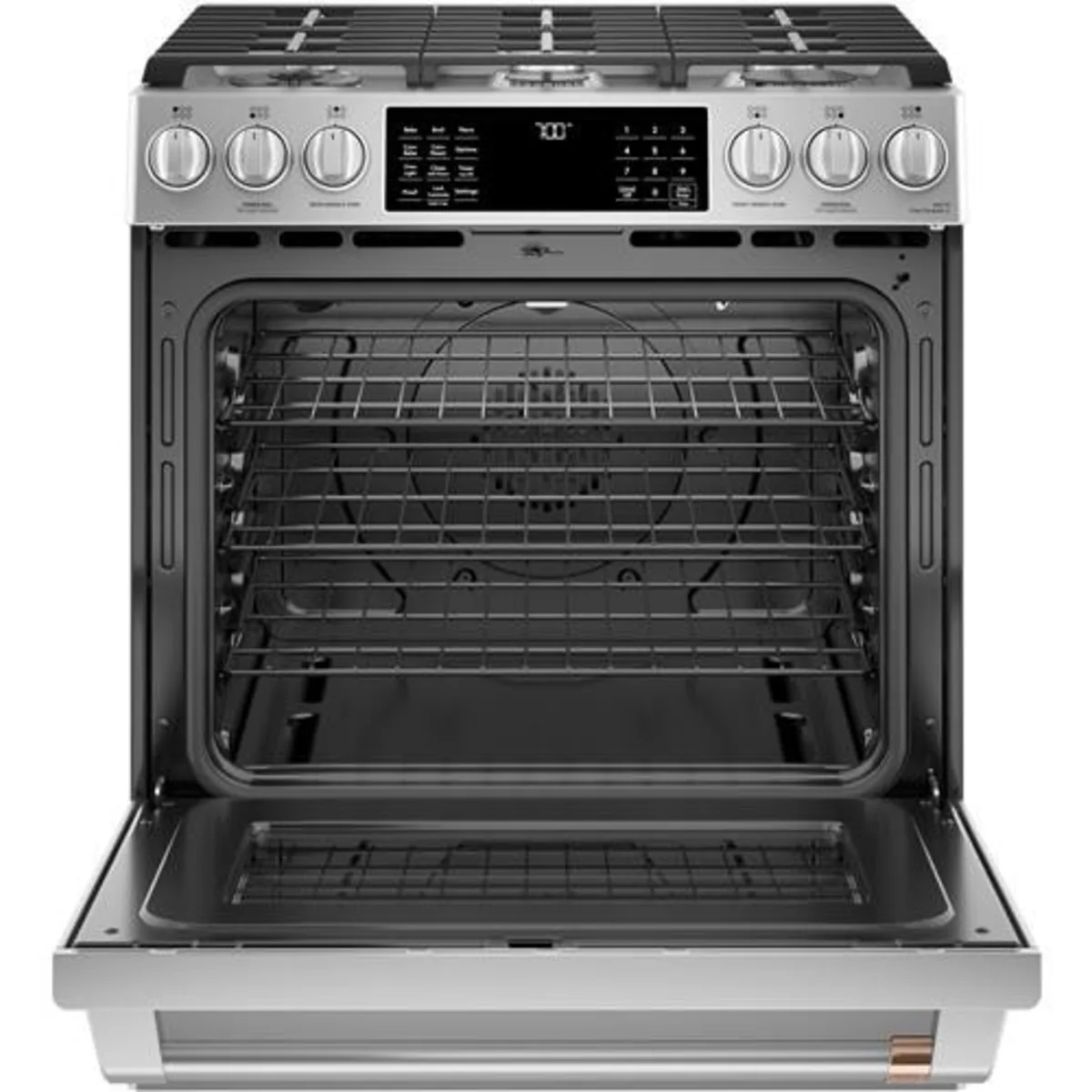 Cafe - CGS700P2MS1 - 30 Inch Slide-In Gas Smart Range with 6 Sealed Burners, 5.6 Cu. Ft. Oven Capacity, Storage Drawer, Continuous Grates, Self-Clean, Steam Clean Option, Air Fry, Chef Connect, 21K Triple Ring Burner, Enhanced Shabbos Mode Capable