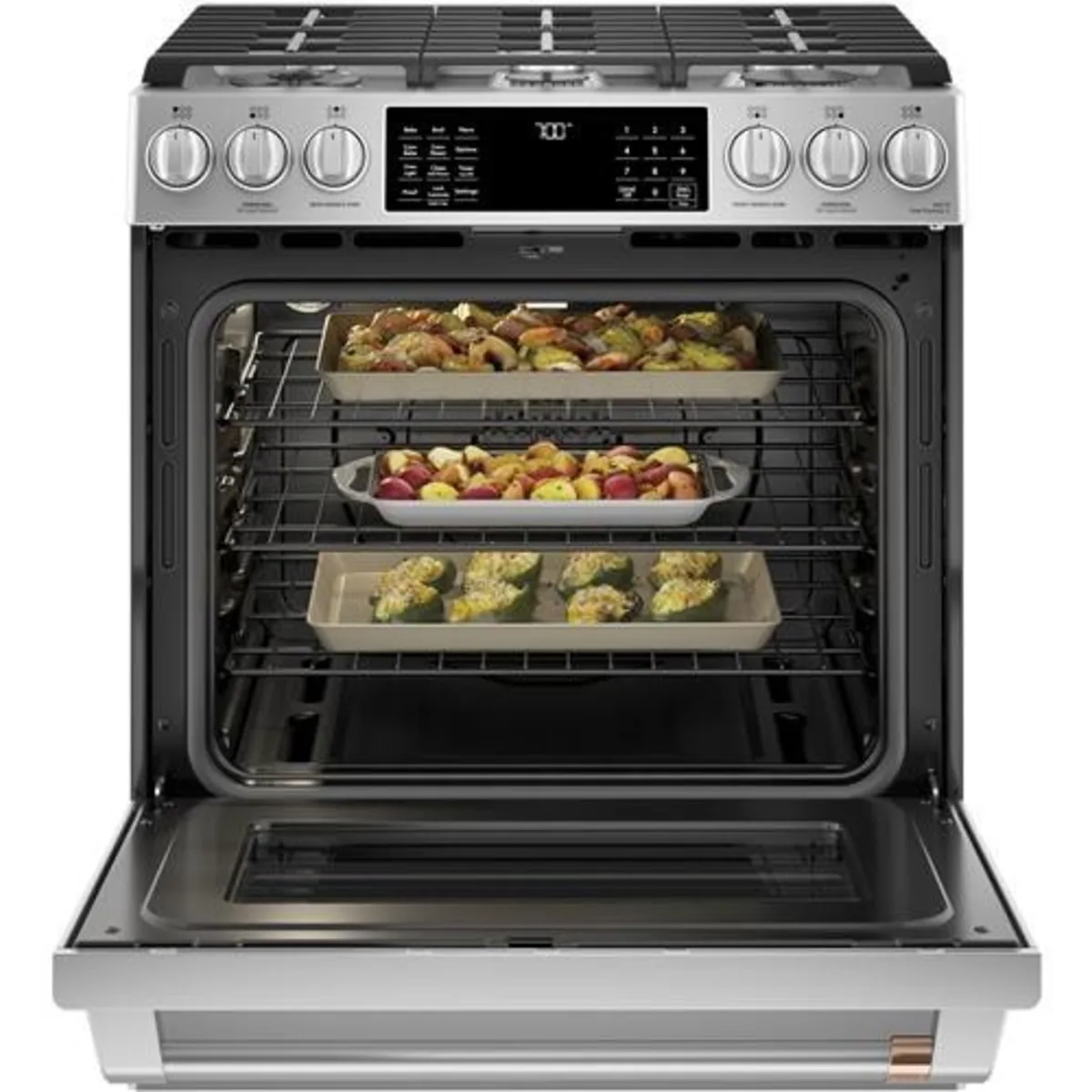 Cafe - CGS700P2MS1 - 30 Inch Slide-In Gas Smart Range with 6 Sealed Burners, 5.6 Cu. Ft. Oven Capacity, Storage Drawer, Continuous Grates, Self-Clean, Steam Clean Option, Air Fry, Chef Connect, 21K Triple Ring Burner, Enhanced Shabbos Mode Capable
