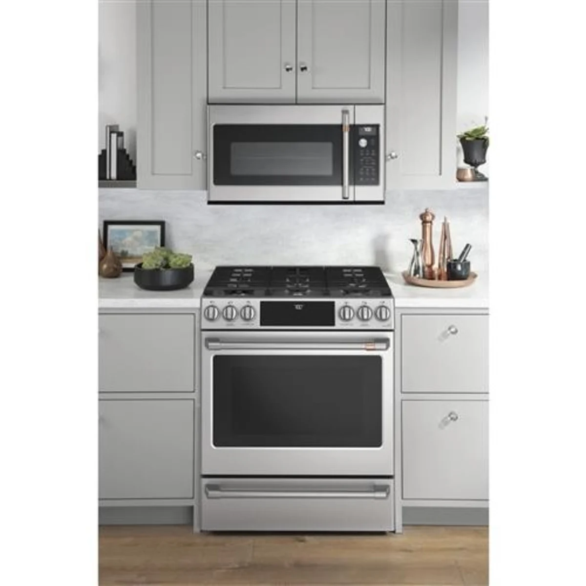 Cafe - CGS700P2MS1 - 30 Inch Slide-In Gas Smart Range with 6 Sealed Burners, 5.6 Cu. Ft. Oven Capacity, Storage Drawer, Continuous Grates, Self-Clean, Steam Clean Option, Air Fry, Chef Connect, 21K Triple Ring Burner, Enhanced Shabbos Mode Capable