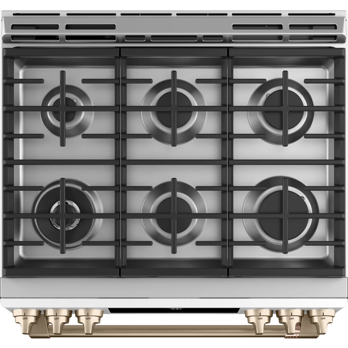 Cafe - CGS700P4MW2 - 30 Inch Slide-In Gas Smart Range with 6 Sealed Burners, 5.6 Cu. Ft. Oven Capacity, Storage Drawer, Continuous Grates, Self-Clean, Steam Clean Option, Air Fry, Chef Connect, 21K Triple Ring Burner, Enhanced Shabbos Mode Capable