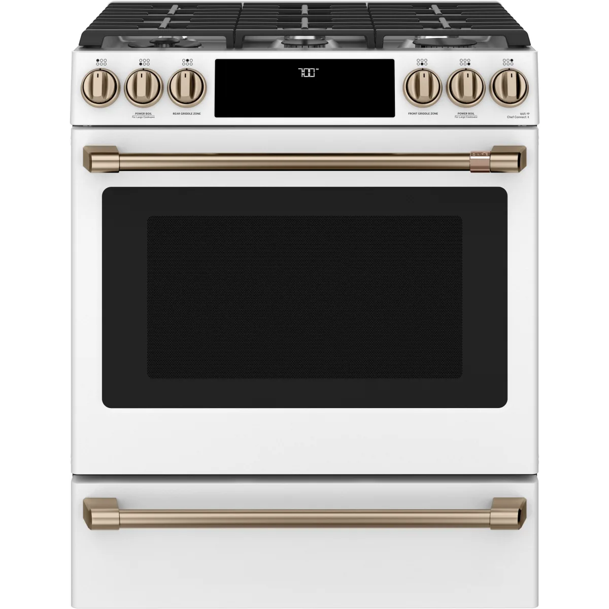 Cafe - CGS700P4MW2 - 30 Inch Slide-In Gas Smart Range with 6 Sealed Burners, 5.6 Cu. Ft. Oven Capacity, Storage Drawer, Continuous Grates, Self-Clean, Steam Clean Option, Air Fry, Chef Connect, 21K Triple Ring Burner, Enhanced Shabbos Mode Capable