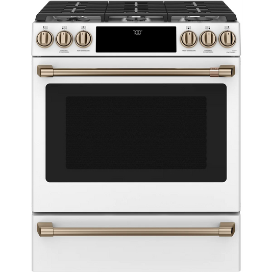 Cafe - CGS700P4MW2 - 30 Inch Slide-In Gas Smart Range with 6 Sealed Burners, 5.6 Cu. Ft. Oven Capacity, Storage Drawer, Continuous Grates, Self-Clean, Steam Clean Option, Air Fry, Chef Connect, 21K Triple Ring Burner, Enhanced Shabbos Mode Capable