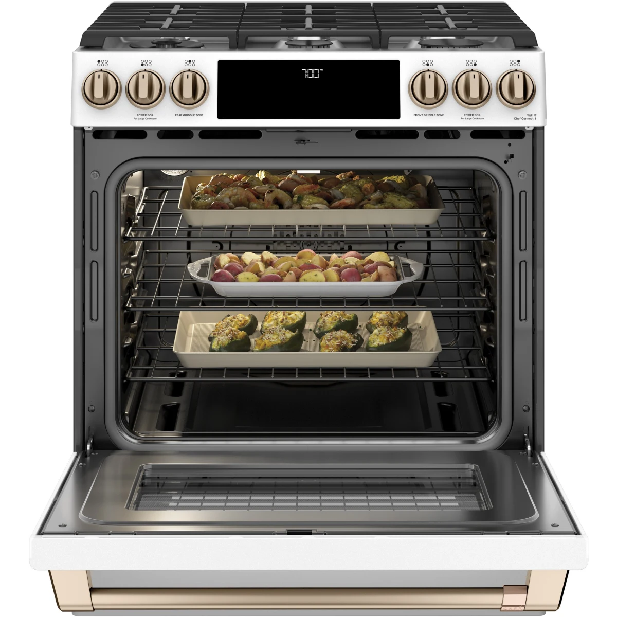 Cafe - CGS700P4MW2 - 30 Inch Slide-In Gas Smart Range with 6 Sealed Burners, 5.6 Cu. Ft. Oven Capacity, Storage Drawer, Continuous Grates, Self-Clean, Steam Clean Option, Air Fry, Chef Connect, 21K Triple Ring Burner, Enhanced Shabbos Mode Capable