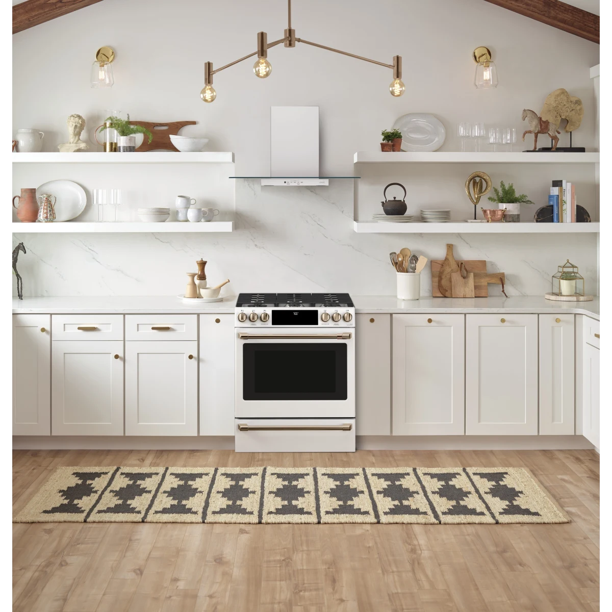 Cafe - CGS700P4MW2 - 30 Inch Slide-In Gas Smart Range with 6 Sealed Burners, 5.6 Cu. Ft. Oven Capacity, Storage Drawer, Continuous Grates, Self-Clean, Steam Clean Option, Air Fry, Chef Connect, 21K Triple Ring Burner, Enhanced Shabbos Mode Capable