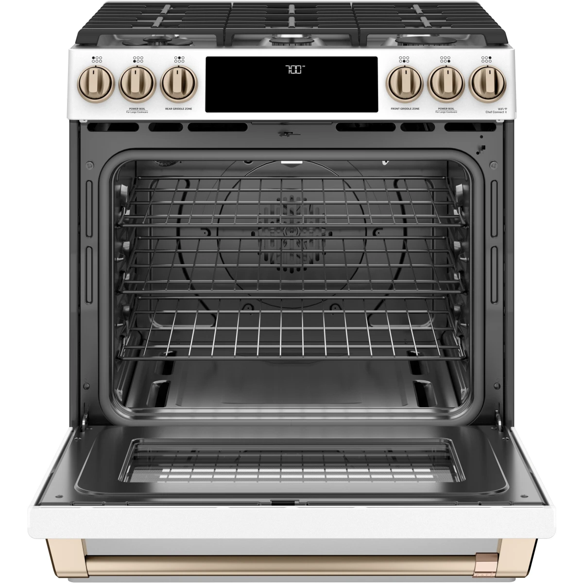 Cafe - CGS700P4MW2 - 30 Inch Slide-In Gas Smart Range with 6 Sealed Burners, 5.6 Cu. Ft. Oven Capacity, Storage Drawer, Continuous Grates, Self-Clean, Steam Clean Option, Air Fry, Chef Connect, 21K Triple Ring Burner, Enhanced Shabbos Mode Capable