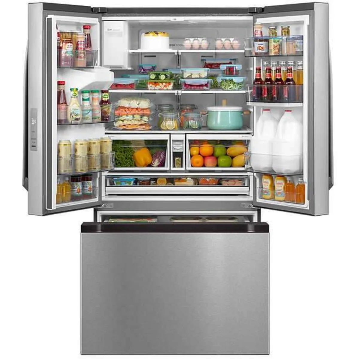 Midea -  MRF29D3AST - 36 Inch Smart 3-Door French Door Refrigerator with 29.3 Cu. Ft. Capacity, Click & Glide Door Bin, Smart Control, Dual Ice Maker, LED Lighting, Crisper Drawers, and Energy Star Certified