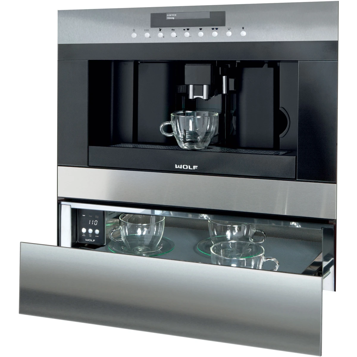 Wolf - EC24S - 24 Inch Built-in Coffee System with Adjustable Grinder, Auto On/Off, Descaling, Hot Water Dispenser, Removable Milk Carafe, Mounted Glide System and Non-Plumbed: Stainless Steel