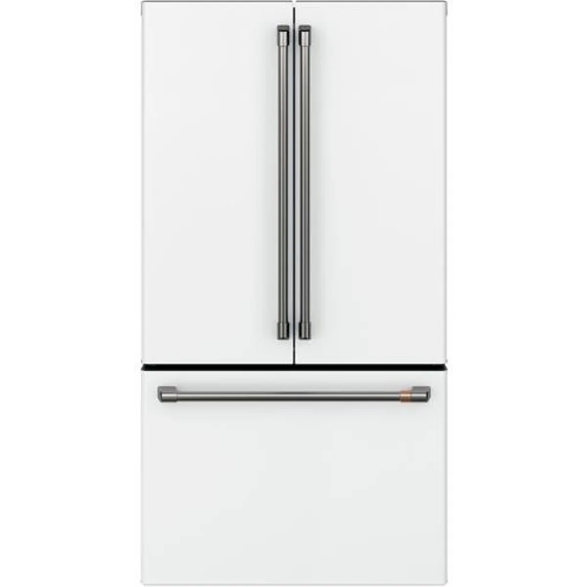 Cafe - CWE23SP4MW2 - 36 Inch Counter Depth French Door Smart Refrigerator with 23.1 Cu. Ft. Capacity, TwinChill™ Evaporators, Temperature-Controlled Drawer, Wi-Fi, Internal Water\Ice Dispenser, and ENERGY STAR®: Matte White with Brushed Bronze Handles