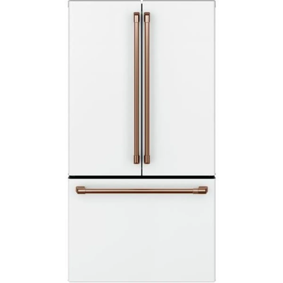 Cafe - CWE23SP4MW2 - 36 Inch Counter Depth French Door Smart Refrigerator with 23.1 Cu. Ft. Capacity, TwinChill™ Evaporators, Temperature-Controlled Drawer, Wi-Fi, Internal Water\Ice Dispenser, and ENERGY STAR®: Matte White with Brushed Bronze Handles