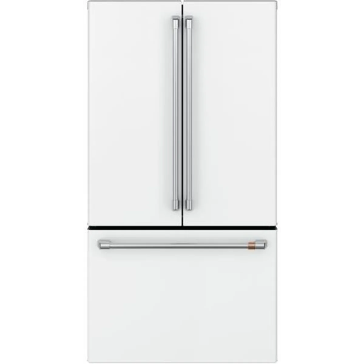 Cafe - CWE23SP4MW2 - 36 Inch Counter Depth French Door Smart Refrigerator with 23.1 Cu. Ft. Capacity, TwinChill™ Evaporators, Temperature-Controlled Drawer, Wi-Fi, Internal Water\Ice Dispenser, and ENERGY STAR®: Matte White with Brushed Bronze Handles