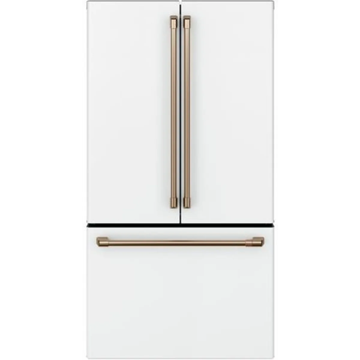 Cafe - CWE23SP4MW2 - 36 Inch Counter Depth French Door Smart Refrigerator with 23.1 Cu. Ft. Capacity, TwinChill™ Evaporators, Temperature-Controlled Drawer, Wi-Fi, Internal Water\Ice Dispenser, and ENERGY STAR®: Matte White with Brushed Bronze Handles
