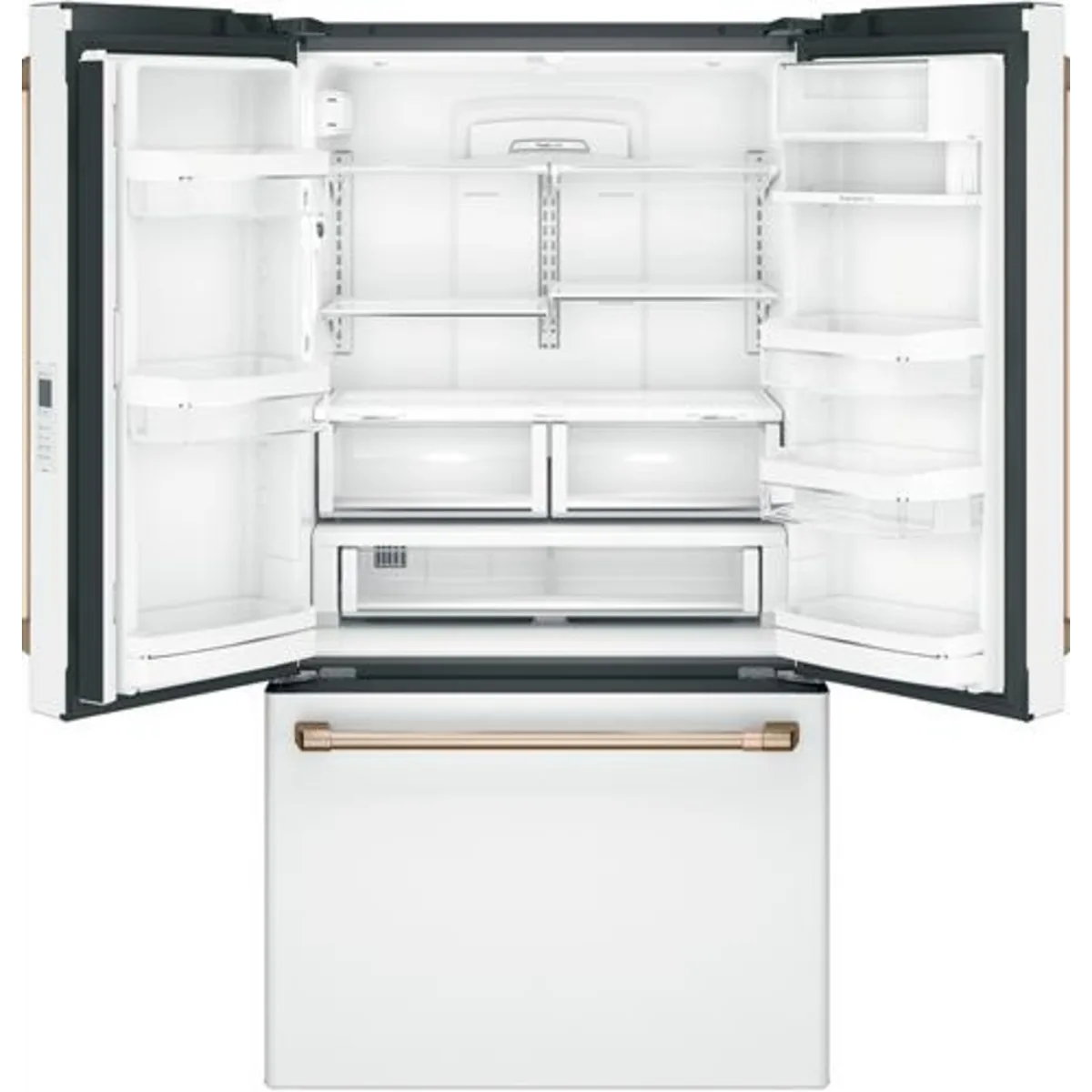 Cafe - CWE23SP4MW2 - 36 Inch Counter Depth French Door Smart Refrigerator with 23.1 Cu. Ft. Capacity, TwinChill™ Evaporators, Temperature-Controlled Drawer, Wi-Fi, Internal Water\Ice Dispenser, and ENERGY STAR®: Matte White with Brushed Bronze Handles