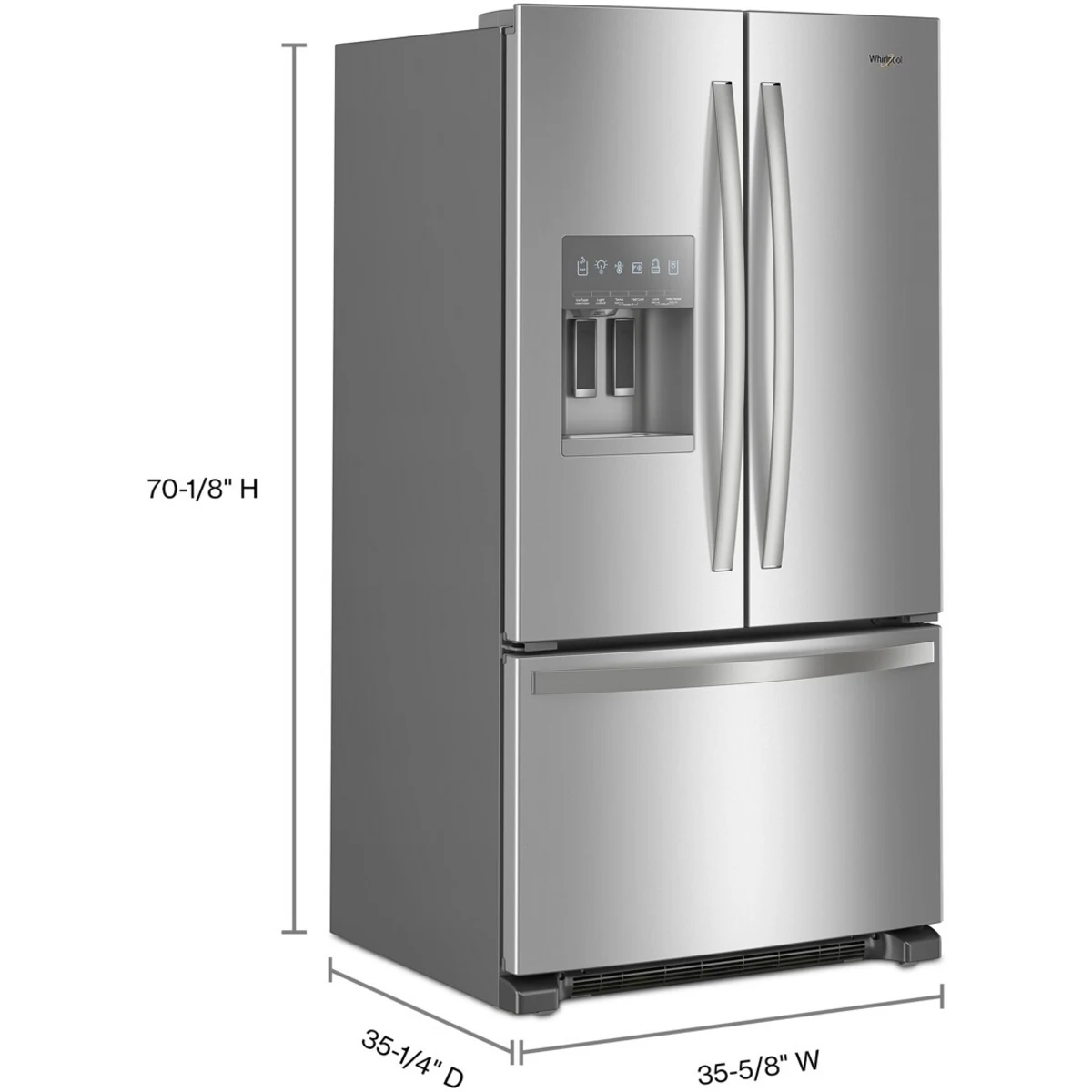Whirlpool - WRFF3436RZ - 36 Inch Freestanding French Door Refrigerator with 24.7 Cu. Ft. Capacity, 5 Glass Shelves, Gallon Door Bins, Deli Drawer, External Ice/Water Dispenser, Auto Icemaker, and ENERGY STAR®: Stainless Steel
