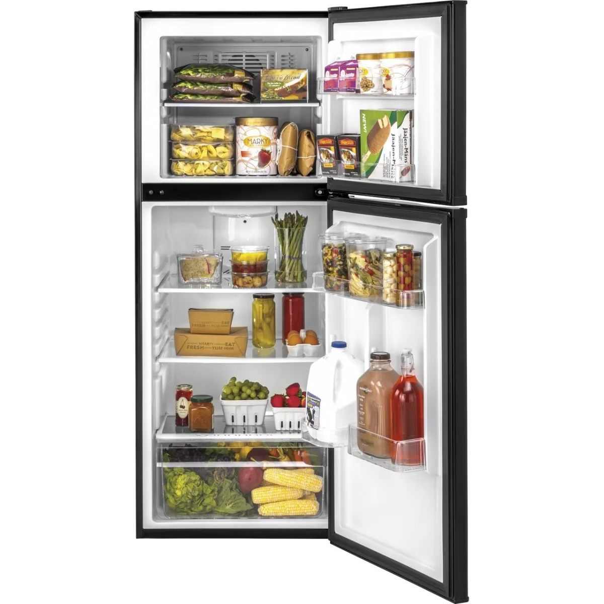 Haier - HA10TG21SB - 24 Inch Counter-Depth Top Freezer Refrigerator with 9.8 Cu.Ft. Total Capacity, 2 Spill Proof Glass Shelves, Humidity Controlled Crisper, LED Interior Lighting, 3 Door Bins, 1 Freezer Shelf,