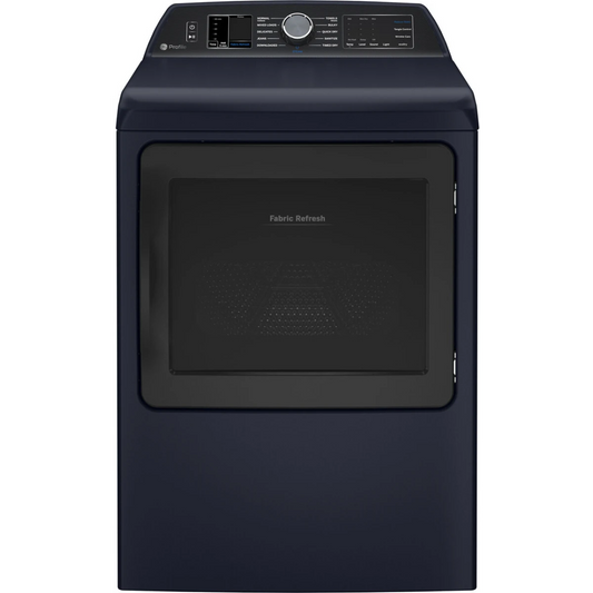 GE Profile - PTD90GBPTRS - 27 Inch Gas Smart Dryer with 7.3 Cu. Ft. Capacity, Fabric Refresh, Tangle Control, Steam Cycle, Sanitize Cycle, Quick Dry, Sensor Dry, Eco Dry, and Energy Star Qualified: Sapphire Blue