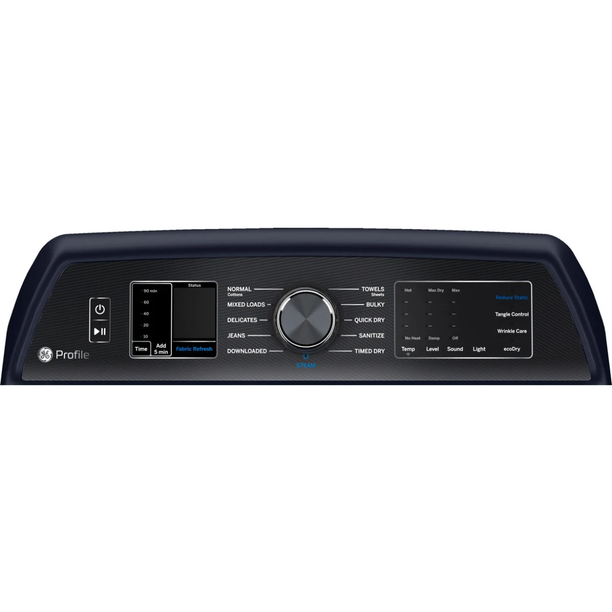 GE Profile - PTD90GBPTRS - 27 Inch Gas Smart Dryer with 7.3 Cu. Ft. Capacity, Fabric Refresh, Tangle Control, Steam Cycle, Sanitize Cycle, Quick Dry, Sensor Dry, Eco Dry, and Energy Star Qualified: Sapphire Blue