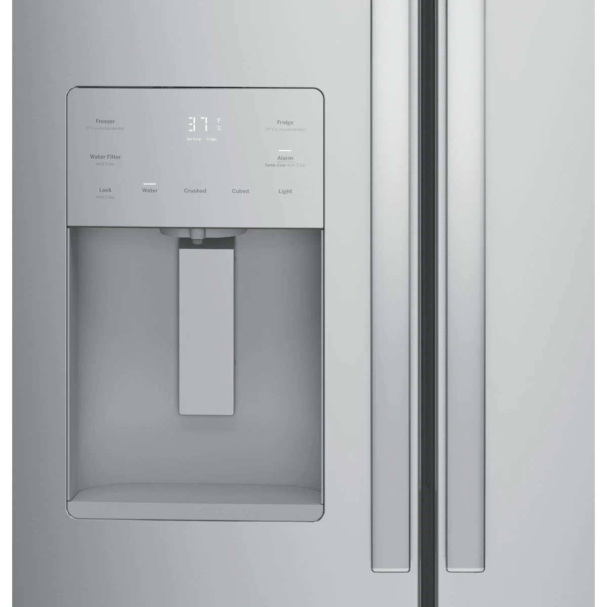 GE - GFE24JYKFS - 33 Inch French Door Refrigerator with 23.6 Cu. Ft. Capacity, Quick Space Shelf, Turbo Cool, LED Lighting, Enhanced Shabbos Mode Capable, External Ice/Water Dispenser, Water Filtration, ADA Compliant, and ENERGY STAR® Qualified