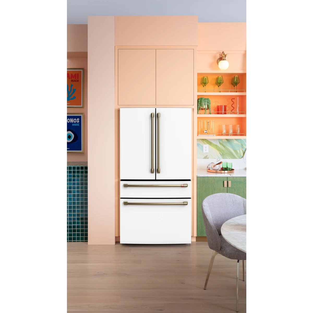 Cafe - CJE23DP4WW2 - 36 Inch Freestanding Counter-Depth 4-Door French Door Smart Refrigerator with 23.2 cu. ft. Total Capacity, and Dual-Dispense AutoFill Pitcher: Matte White with Brushed Bronze Handles